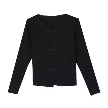 Женская осенняя одежда, новая футболка с V-образным вырезом в китайском стиле с длинными рукавами для женщин, облегающая посадка и нестандартный модный верх M чёрный