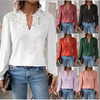 Женская осенняя одежда с V-образным вырезом, кружевная блузка с длинными рукавами, повседневная футболка, однотонная футболка S светло-фиолетовый