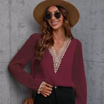 Женская осенняя однотонная блузка с вышивкой, повседневная кружевная рубашка с длинным рукавом S белый