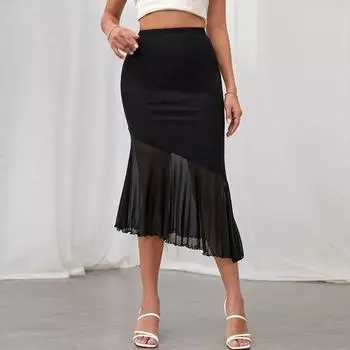 Женская осенняя однотонная газовая юбка с эластичной резинкой на талии, тонкая элегантная ветровая юбка А-силуэта M чёрный