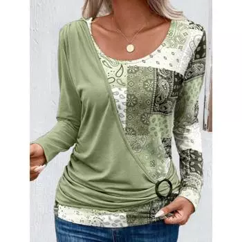 Женская осенняя однотонная лоскутная с цветочным принтом Повседневная трикотажная футболка с длинным рукавом S коричневый