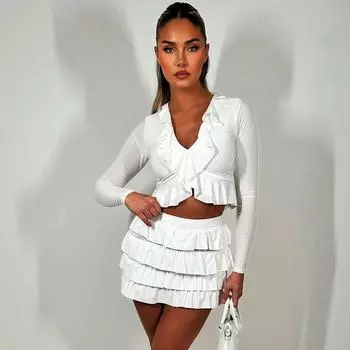 Женская осенняя однотонная облегающая блузка с длинными рукавами, сексуальный костюм из двух предметов с защипнутой юбкой на талии S белый