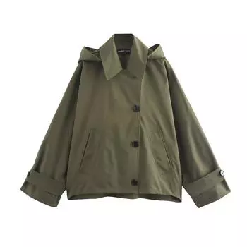 Женская осенняя однотонная повседневная куртка с длинными рукавами и капюшоном на пуговицах XL