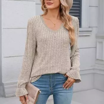 Женская осенняя однотонная ребристая трикотажная базовая рубашка повседневная теплая зимняя кружевная V-образная горловина с длинными рукавами пуловер S серый