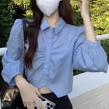 Женская осенняя однотонная рубашка-кардиган с длинным рукавом и плиссировкой на пуговицах M синий