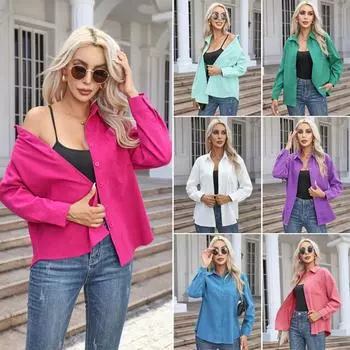 Женская осенняя однотонная свободная повседневная рубашка с длинными рукавами, женские офисные рубашки с карманами и лацканами S белый