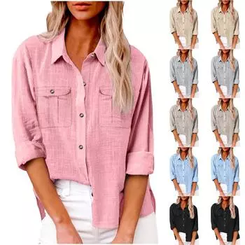 Женская осенняя однотонная свободная рубашка с длинным рукавом и пуговицами, повседневная рубашка большого размера L бежевый
