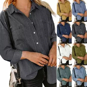 Женская осенняя однотонная свободная рубашка с длинным рукавом и пуговицами, повседневная рубашка большого размера L чёрный