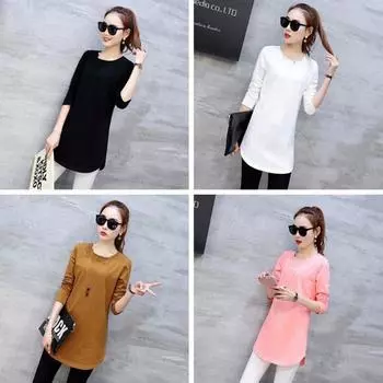 Женская осенняя однотонная тонкая универсальная блузка с круглым воротником и длинным рукавом, повседневная футболка, топы L