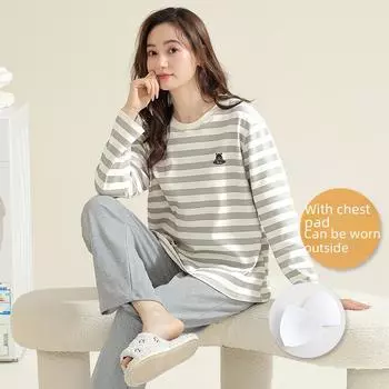 Женская осенняя пижама с длинными рукавами и рисунком из мультфильмов, с нагрудными накладками - тонкий хлопок для ношения в помещении и на улице весной, осенью и зимой XL (55-62kg)