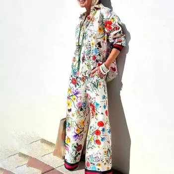Женская осенняя повседневная одежда с цветочным принтом, длинным рукавом, застегивающейся на пуговицы, лацканом, эластичным поясом, широкими брюками, комплекты уличной одежды XL