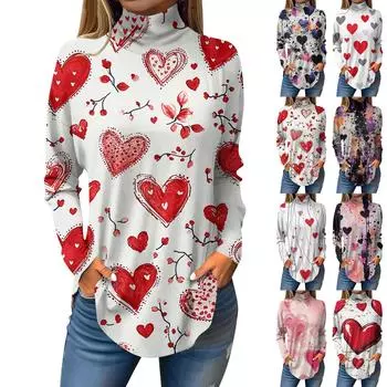 Женская осенняя повседневная рубашка с длинным рукавом, толстовка с принтом, топ с высоким воротом, пуловер L чёрный