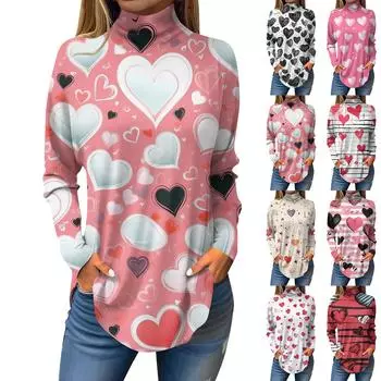 Женская осенняя повседневная рубашка с длинным рукавом, толстовка с принтом, топ с высоким воротом, пуловер L чёрный