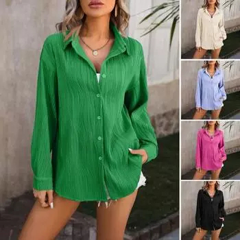 Женская осенняя повседневная рубашка с лацканами и длинными рукавами на пуговицах, офисная блузка, топ, сплошной цвет L розы красного