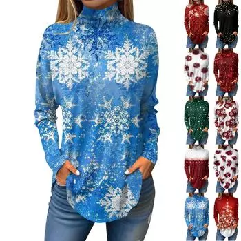 Женская осенняя повседневная толстовка с длинным рукавом, винтажный принт, топ с высоким воротом, пуловер L чёрный