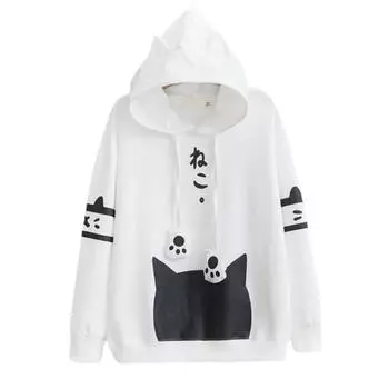 Женская осенняя повседневная толстовка с длинными рукавами и принтом кошачьей головы, свободная женская толстовка, куртка S белый