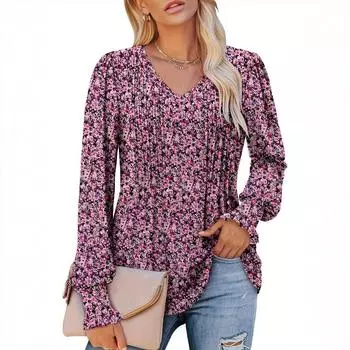 Женская осенняя принтованная рубашка с V-образным вырезом S фиолетовый