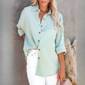 Женская осенняя простая рубашка с длинным рукавом и воротником-поло на пуговицах из хлопка и льна S белый