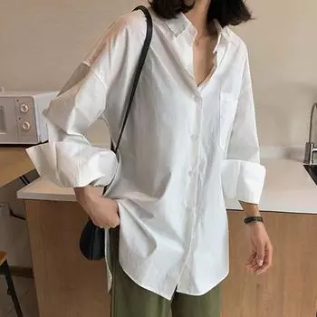 Женская осенняя рубашка больших размеров с лацканами, повседневная, базовая, свободного покроя, блузка с длинным рукавом, асимметричный топ на пуговицах M белый