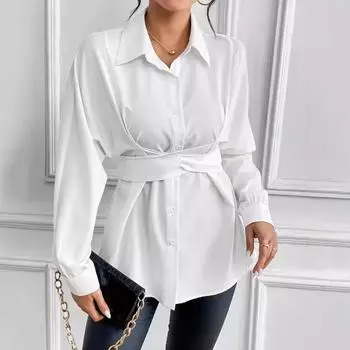 Женская осенняя рубашка поло с завязкой на талии и бантом S белый