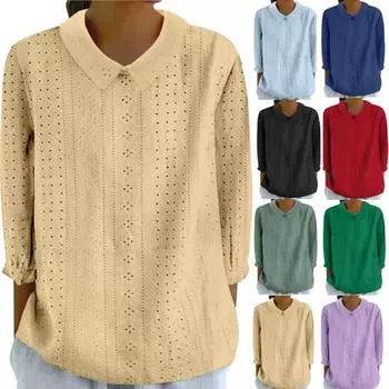 Женская осенняя рубашка, повседневная свободная рубашка с лацканами, однотонная повседневная рубашка с семью рукавами из дышащей ткани S чёрный