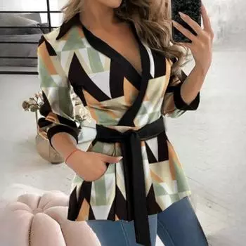 Женская осенняя рубашка с длинным рукавом и V-образным вырезом с поясом S чёрный