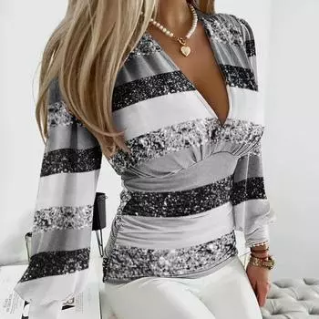 Женская осенняя рубашка с длинными рукавами и V-образным вырезом с принтом S зелёный