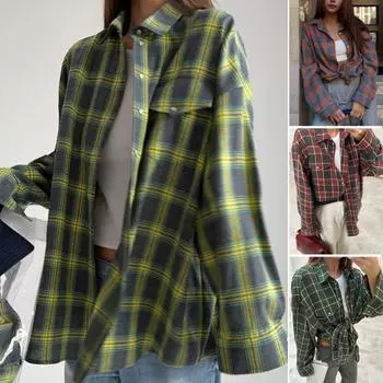Женская осенняя рубашка с лацканами и длинным рукавом, однобортная рубашка, топы, клетчатый принт, свободный крой, накладной карман S темно-зеленого