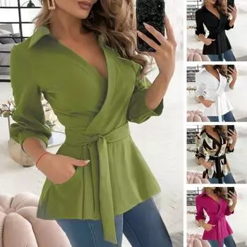 Женская осенняя рубашка с v-образным вырезом и лацканами, топы с длинными рукавами, поясом и карманами, приталенная офисная женская рубашка с геометрическим принтом, рабочая одежда M розы красного