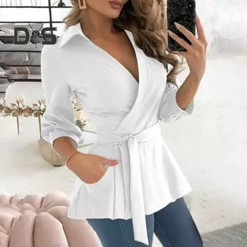 Женская осенняя рубашка с v-образным вырезом и лацканами, топы с длинными рукавами, поясом и карманами, приталенная офисная женская рубашка с геометрическим принтом, рабочая одежда M розы красного