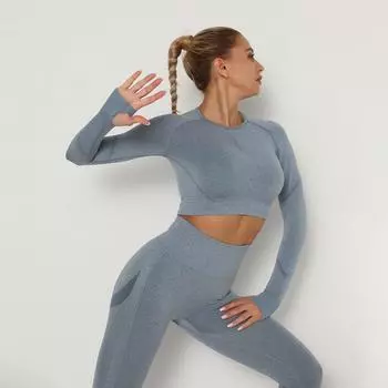 Женская осенняя сексуальная бесшовная одежда для йоги, однотонный эластичный плиссированный быстросохнущий топ с длинными рукавами для фитнеса, S-XL S чёрный