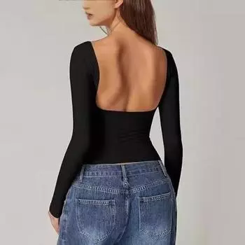 Женская осенняя сексуальная рубашка с длинным рукавом и бретелькой через шею, футболка с круглым вырезом Spice Girls Slim Out Женская одежда S чёрный