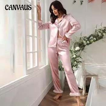 Женская осенняя шелковая рубашка с длинными рукавами, брюки, комплект из двух предметов, тонкая дышащая домашняя одежда с перьями, пижамный комплект S темно-синий