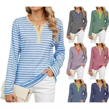 Женская осенняя свободная футболка с V-образным вырезом и длинными рукавами в контрастную полоску S
