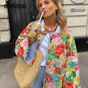 Женская осенняя свободная хлопковая куртка с цветочным принтом XS