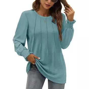 Женская осенняя свободная плиссированная рубашка с круглым вырезом и длинными рукавами, футболка, топ-пуловер S чёрный