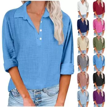 Женская осенняя свободная повседневная рубашка с длинным рукавом и пуговицами, однотонная, наполовину застегнутая, без кармана L синий