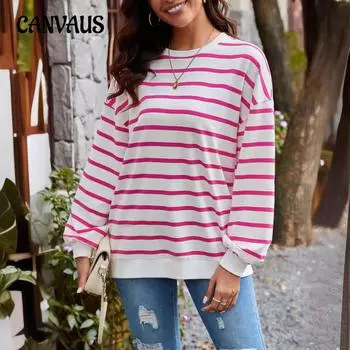 Женская осенняя свободная повседневная толстовка с длинным рукавом в полоску большого размера S белый