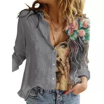 Женская осенняя свободная рубашка-кардиган на пуговицах в стиле ретро с длинным рукавом и принтом M серый