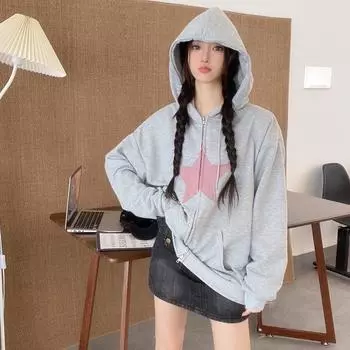 Женская осенняя толстовка с длинными рукавами из ткани с нашивками и двойной молнией M серый