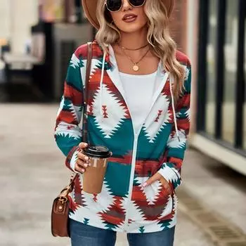 Женская осенняя толстовка с капюшоном на молнии и длинным рукавом с геометрическим узором, топ S синий