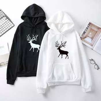 Женская осенняя толстовка с капюшоном с принтом лося и оленя для женщин, свободные пуловеры больших размеров с длинными рукавами S белый