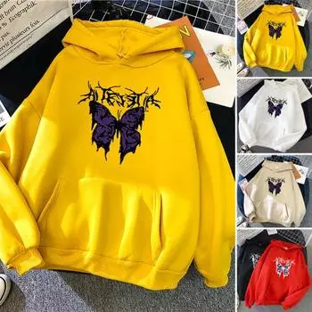 Женская осенняя толстовка с капюшоном с принтом бабочек и длинными рукавами, большой карман, согревающая свободная эластичная манжета, зимняя толстовка с капюшоном для повседневного ношения 2XL абрикосовый