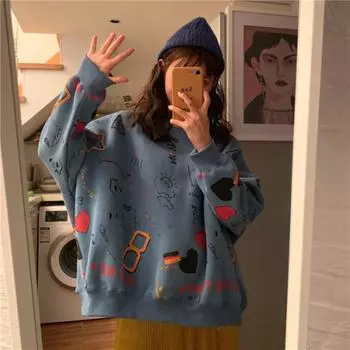 Женская осенняя толстовка тонкая с длинным рукавом в корейском стиле, студенческая повседневная свободная куртка 2XL