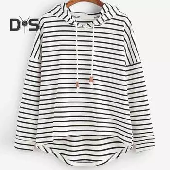 Женская осенняя толстовка в полоску с принтом контрастного цвета на шнурке с нерегулярным подолом с длинным рукавом с капюшоном Свободный пуловер Повседневная мягкая женская весенняя толстовка L белый