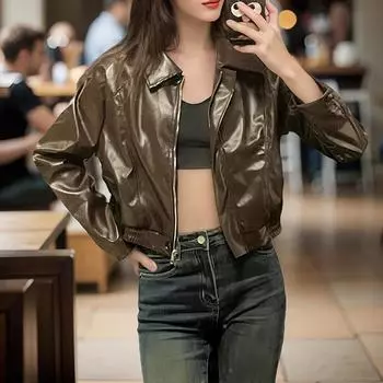 Женская осенняя тонкая кожаная байкерская одежда кардиган повседневная куртка модное популярное повседневное пальто S коричневый