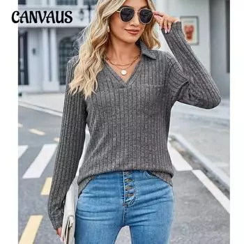 Женская осенняя трикотажная рубашка-поло с однотонной полоской и длинными рукавами и карманами S хаки