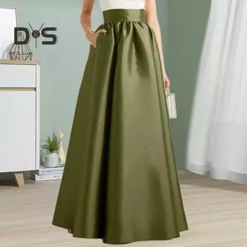Женская осенняя юбка макси из искусственного атласа, А-силуэта, длиной до пола, однотонная юбка с высокой талией и карманами, элегантная винтажная повседневная юбка-халат большого размера S чёрный