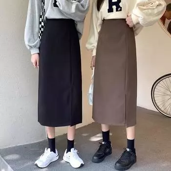Женская осенняя юбка средней длины с разрезом, корейский стиль, высокая талия, черные юбки А-силуэта S чёрный