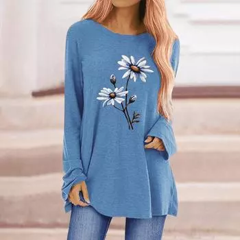 Женская осенняя удобная футболка с длинными рукавами и круглым вырезом больших размеров, повседневная мешковатая футболка средней длины, топ XS синий